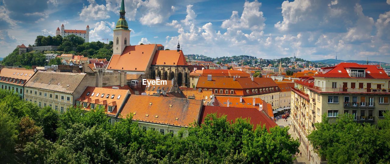 HIGH ANGLE VIEW OF TOWNSCAPE AGAINST CLOUDY SKY