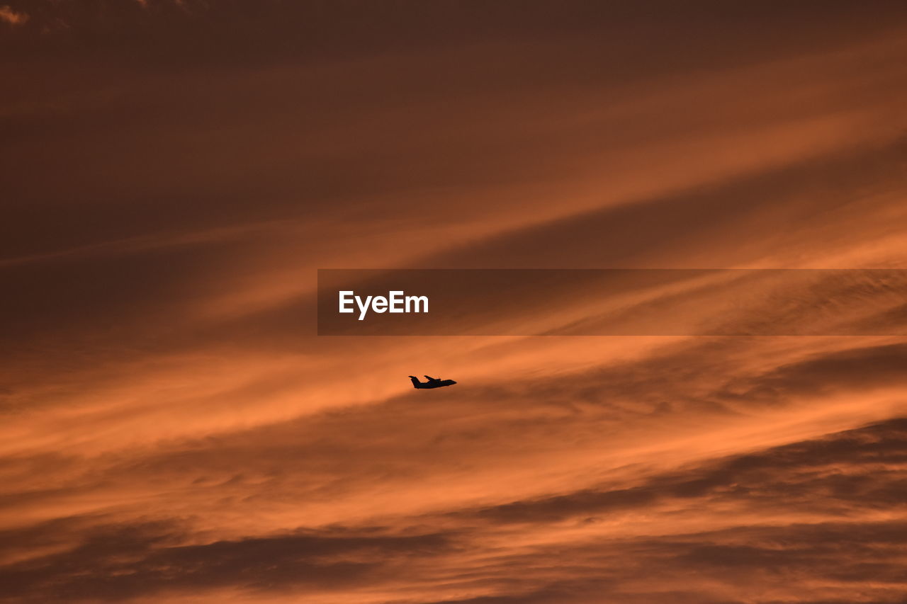 LOW ANGLE VIEW OF SILHOUETTE AIRPLANE FLYING IN SKY DURING SUNSET
