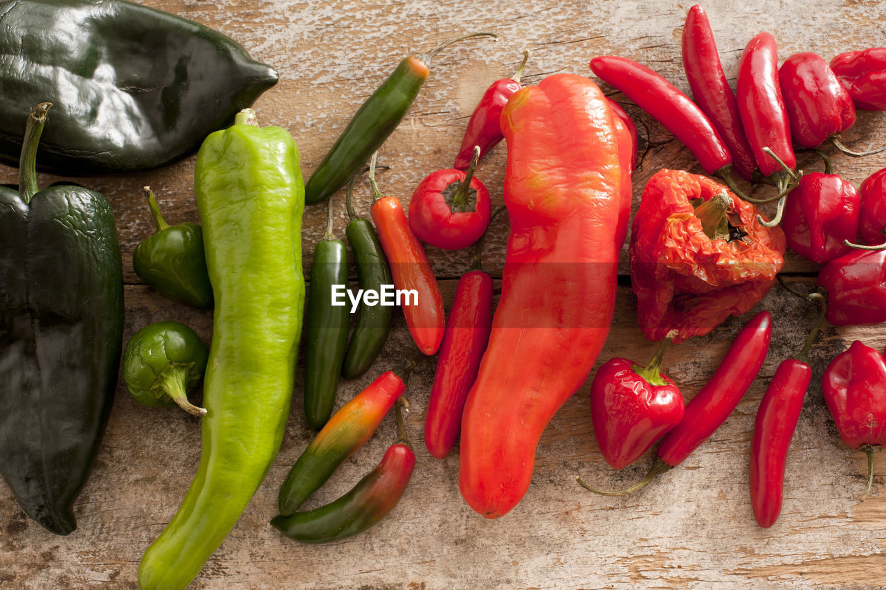 High angle view of chili peppers on wooden table