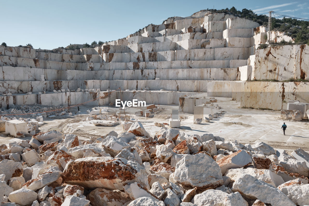 Marble quarry. ledges of excavated marble stone material at mediterranean region of mersin, turkey