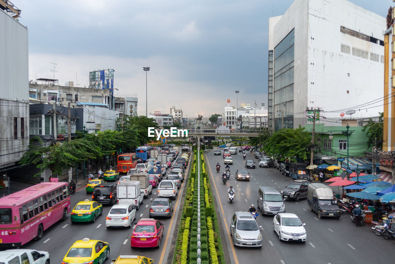 High angle view of traffic on road in city