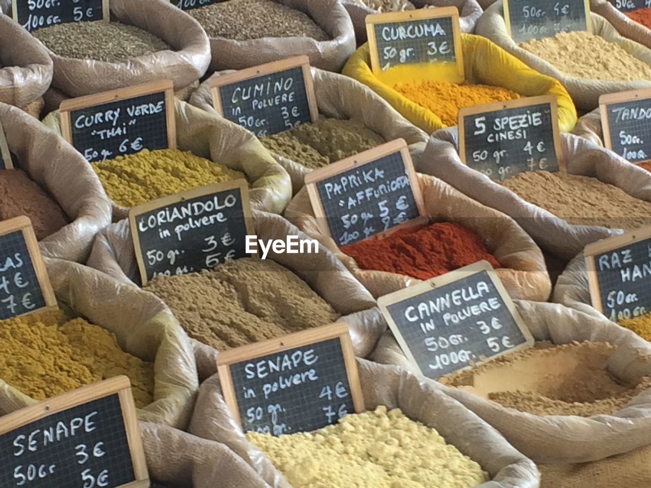 High angle view of various spices for sale