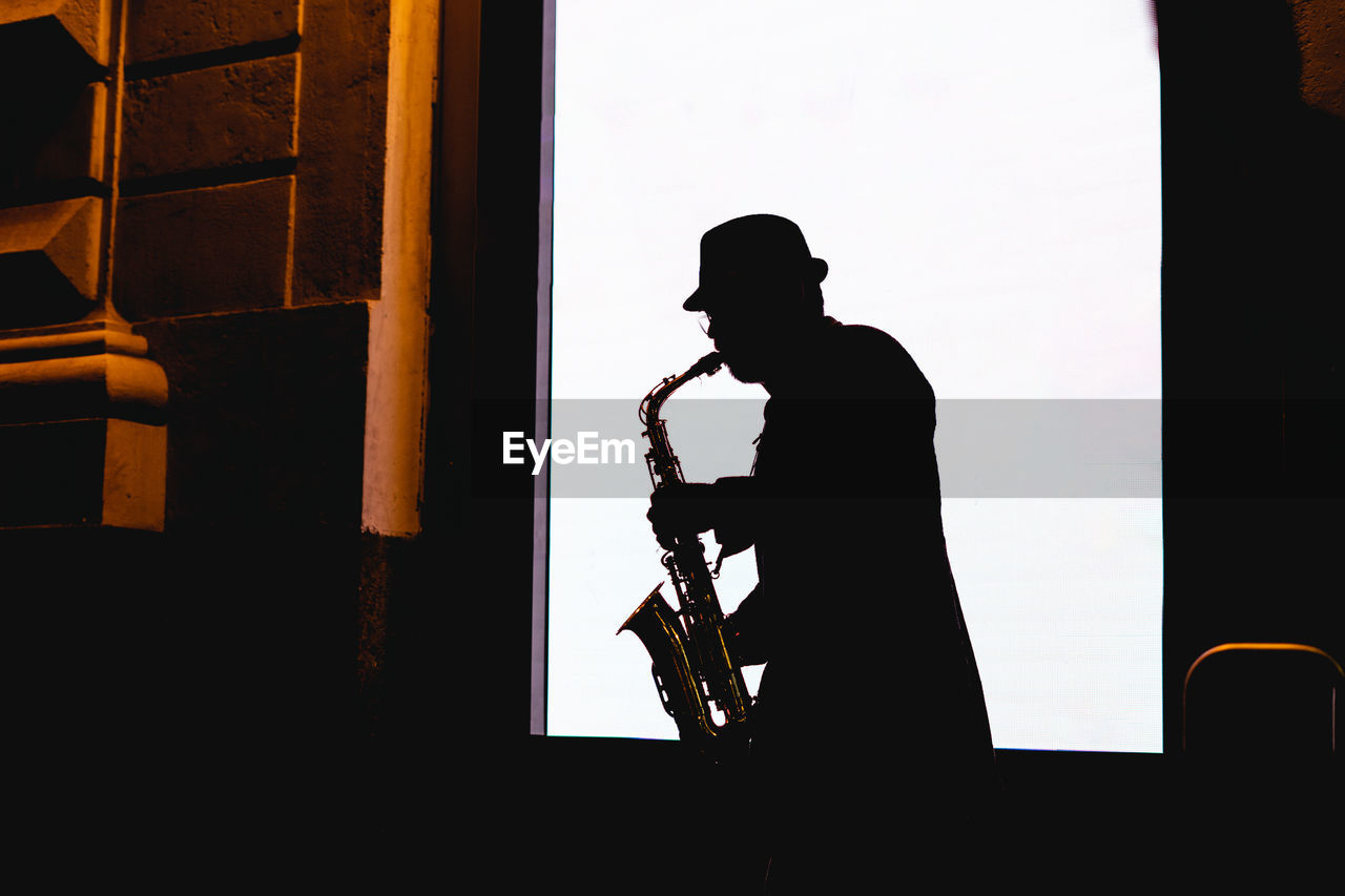 Silhouette of man using musical instrument