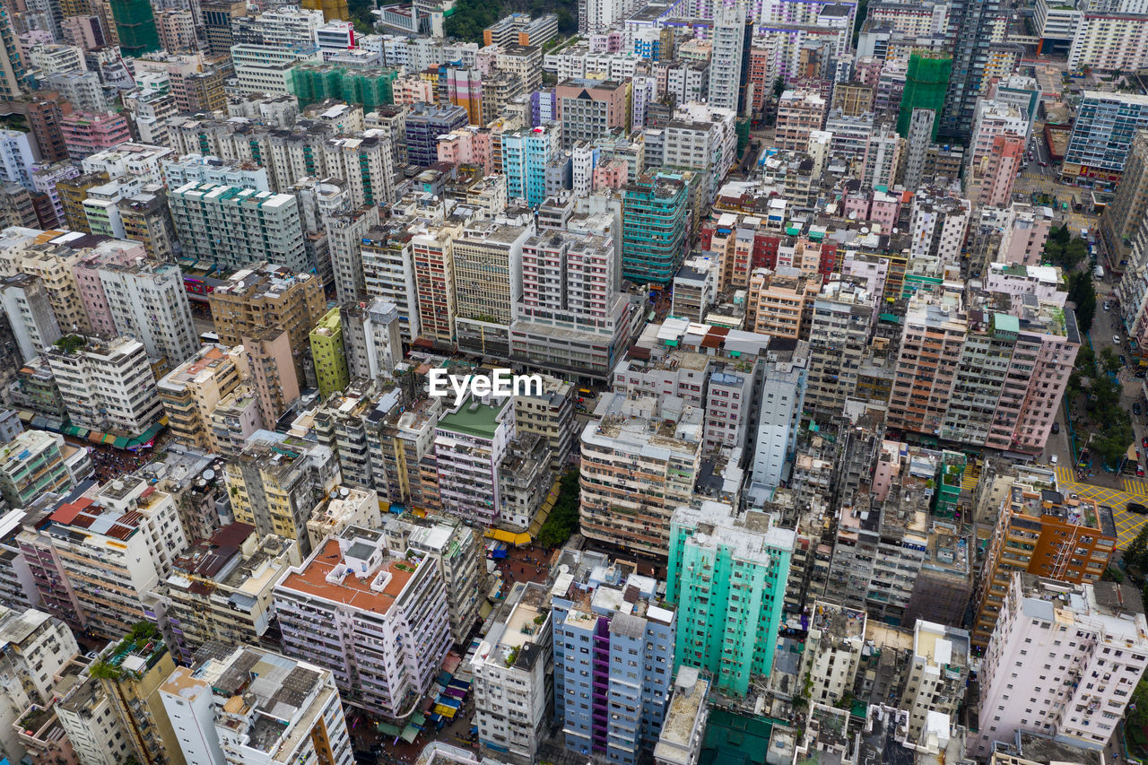 High angle view of city buildings