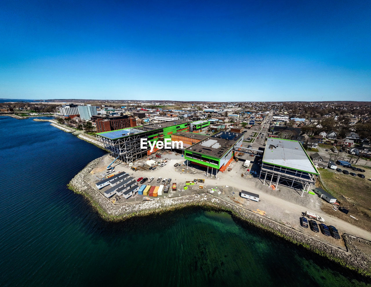 High angle view of city at waterfront