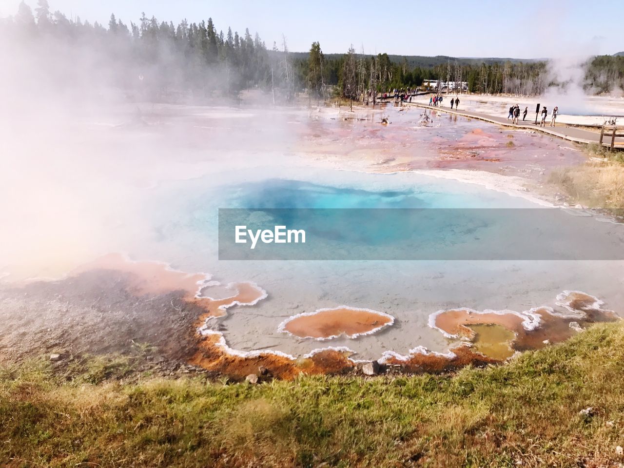 High angle view of hot spring against sky