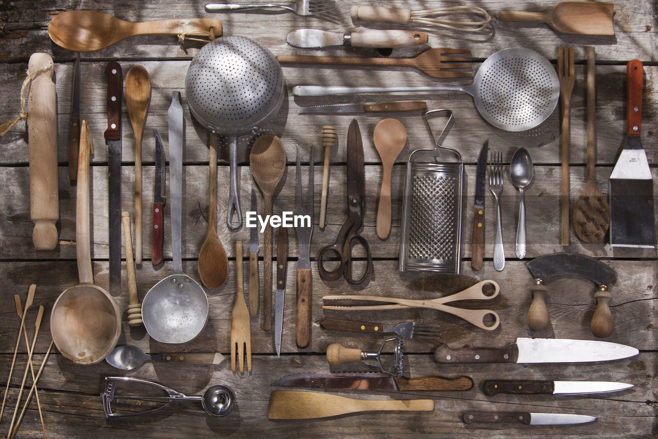 Directly above view of various objects on wooden table