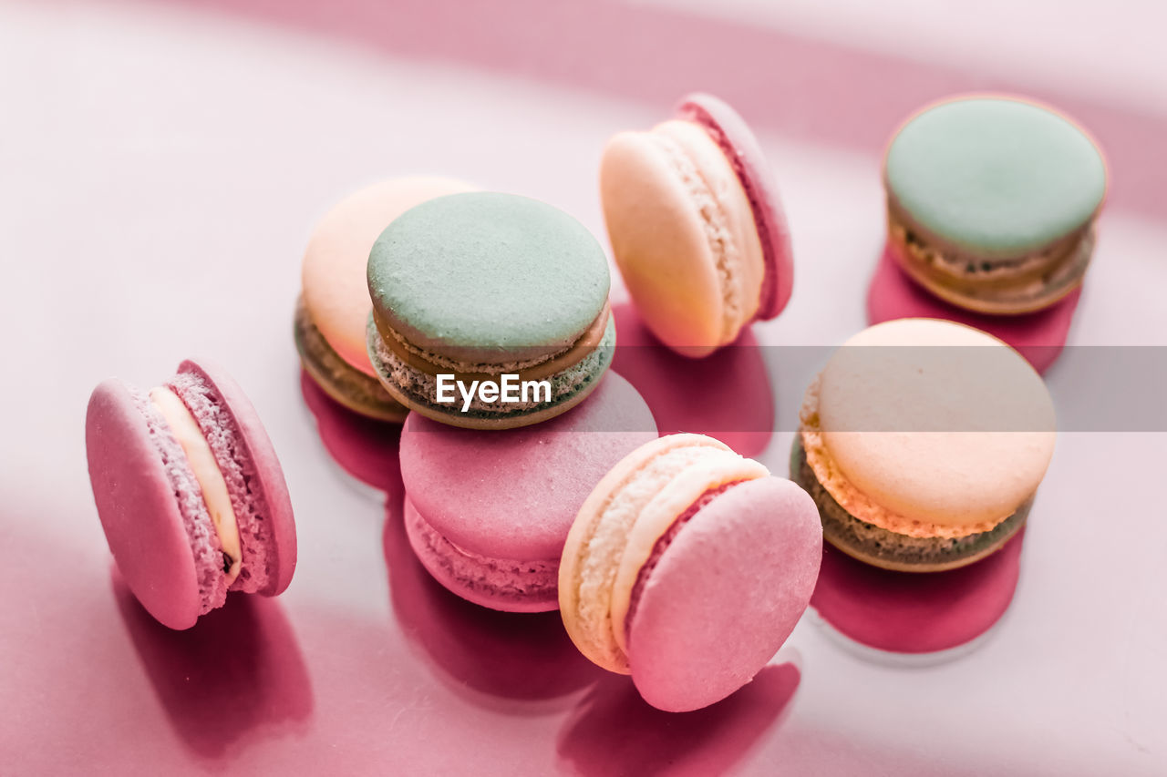 close-up of multi colored macaroons on table