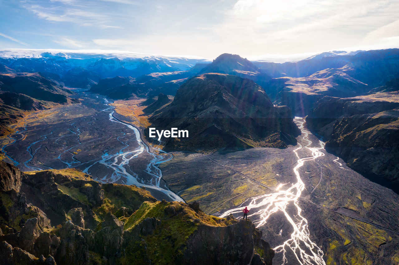 High angle view of aerial view of mountains against sky