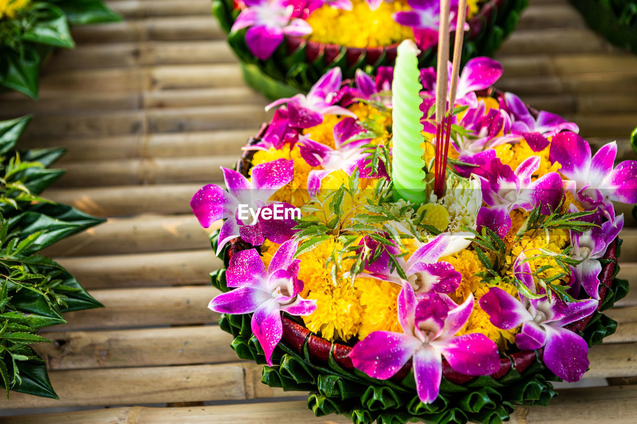 CLOSE-UP OF PURPLE FLOWERING PLANT ON TABLE