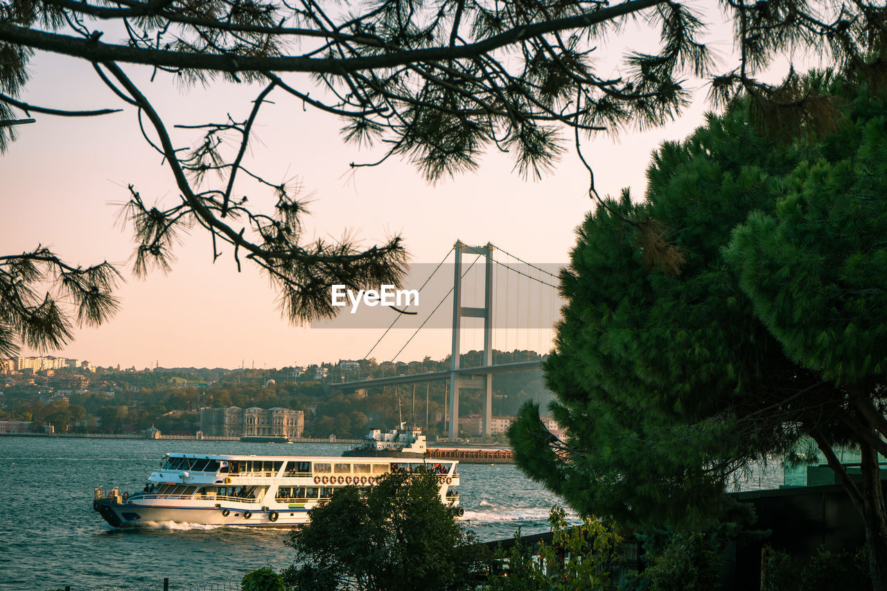 View of suspension bridge over river