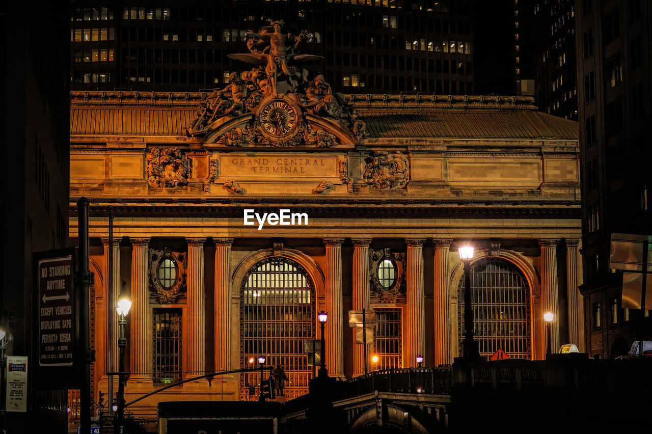 Illuminated building closeup on the famous historical  grand central terminal in new york city 