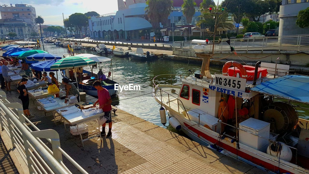 PANORAMIC VIEW OF BOATS MOORED IN RIVER