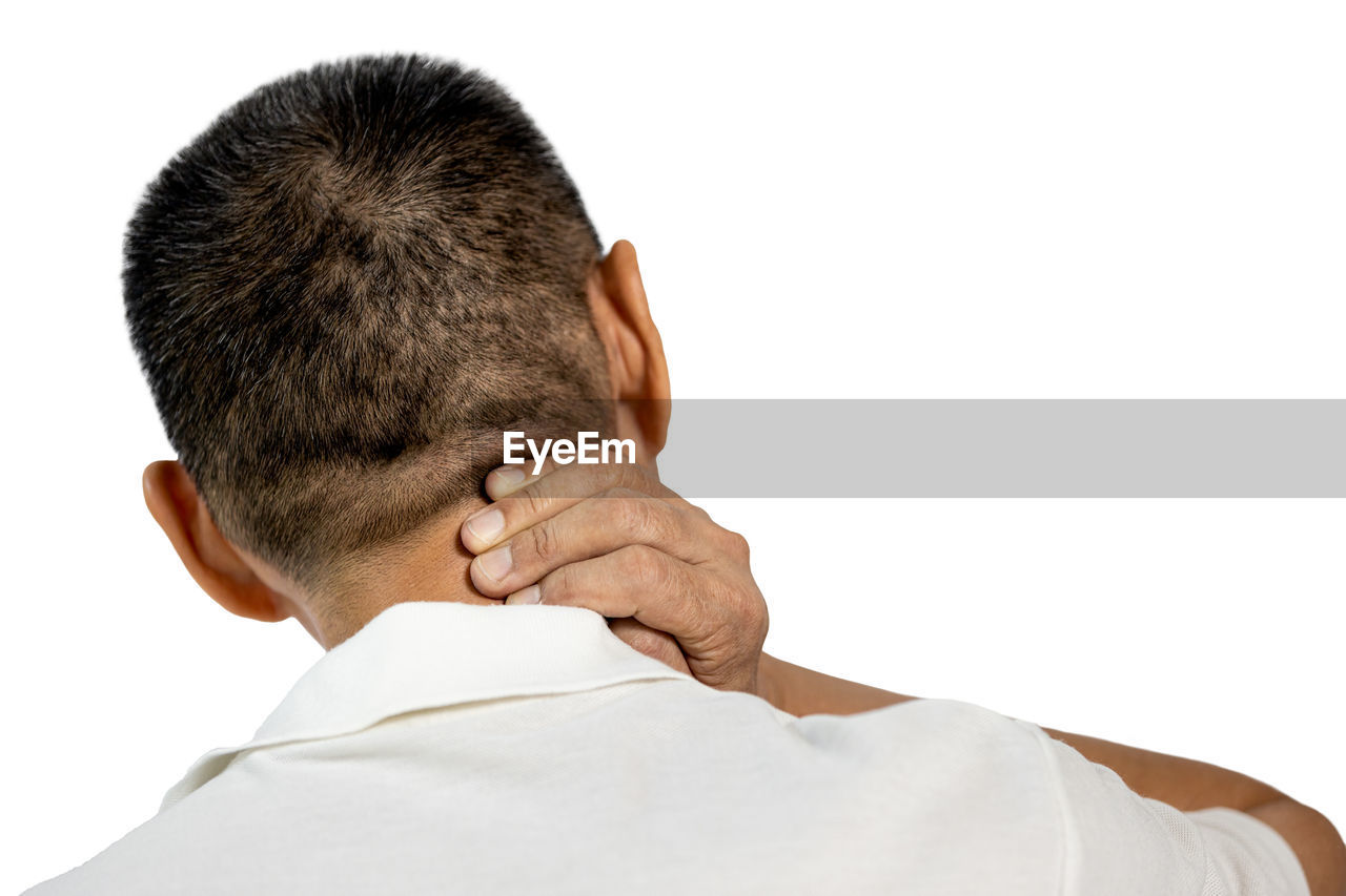 REAR VIEW OF MAN WITH WHITE BACKGROUND
