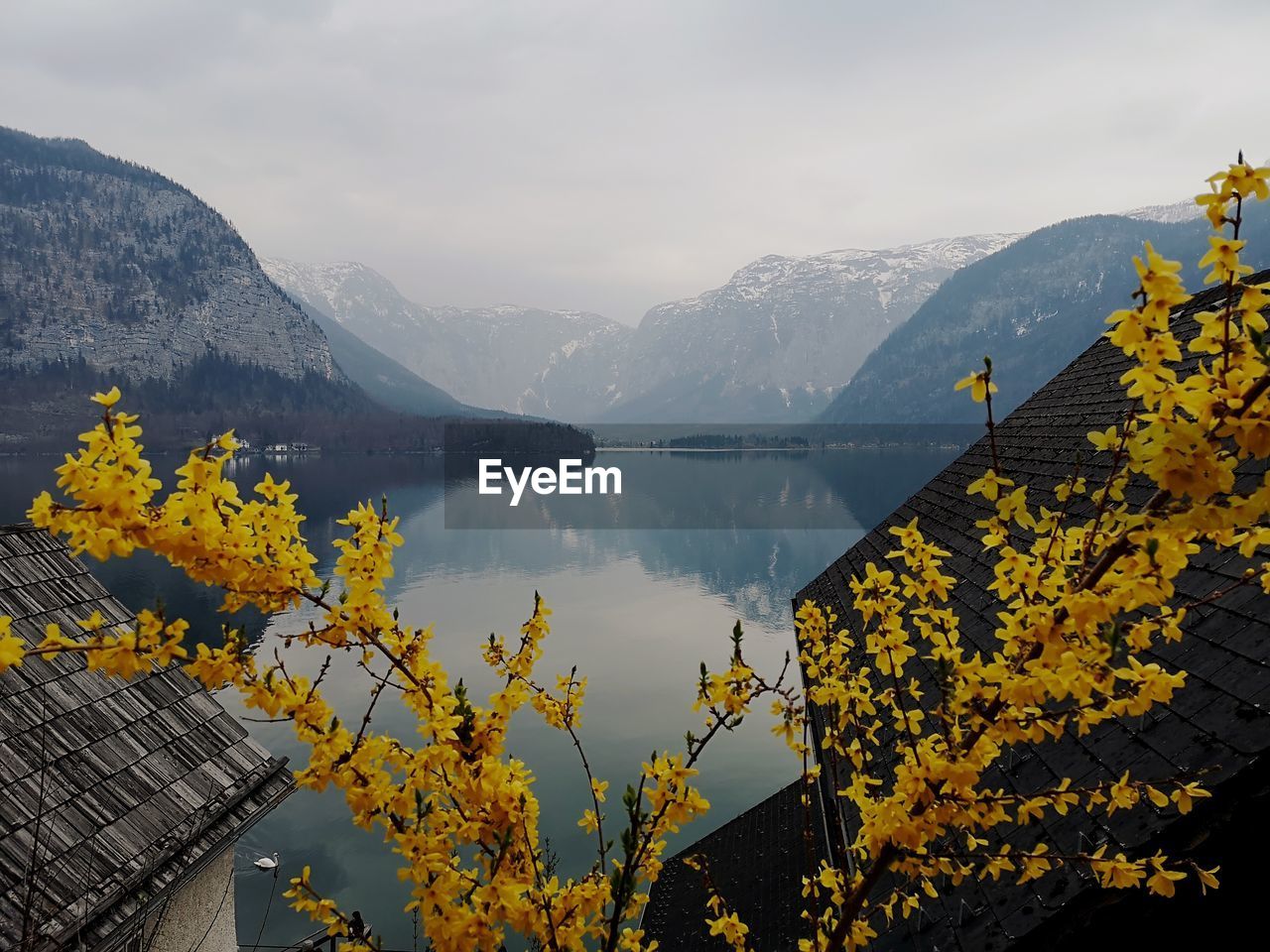 Scenic view of lake by mountains against sky