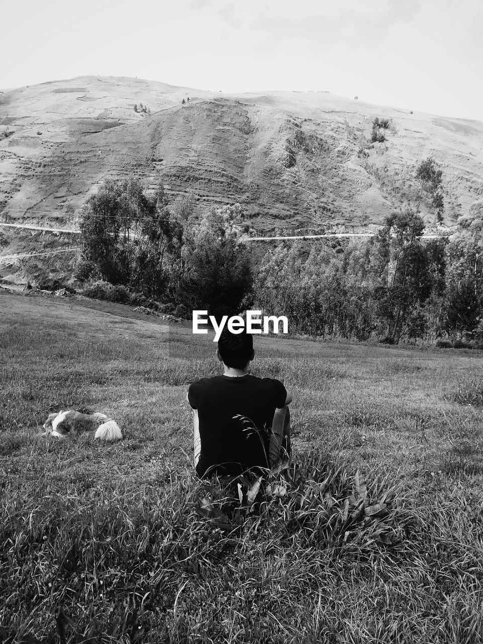 Rear view of man sitting on field against mountains