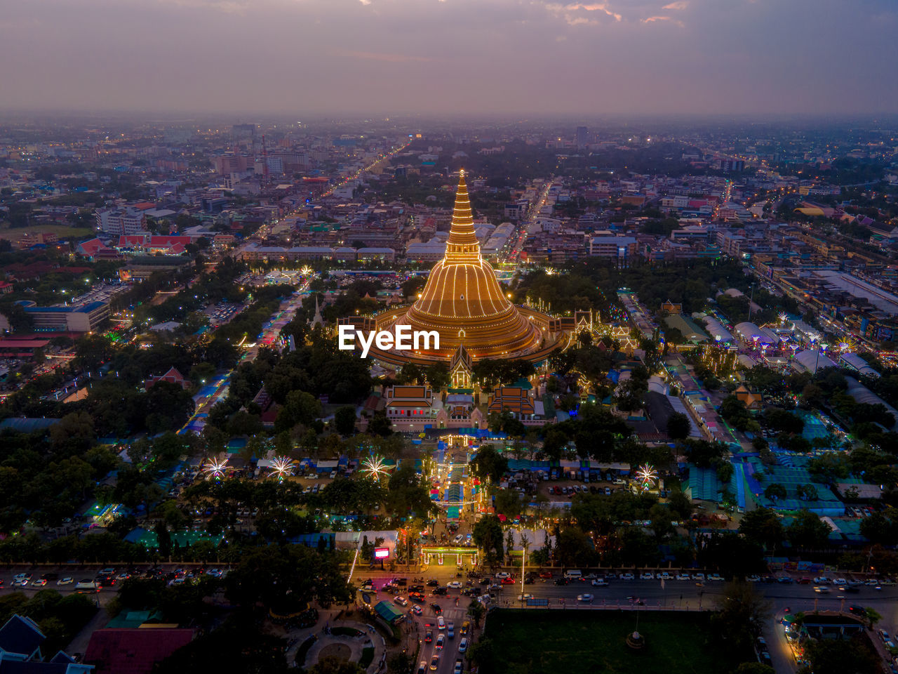 Aerial view of city pagoda at night