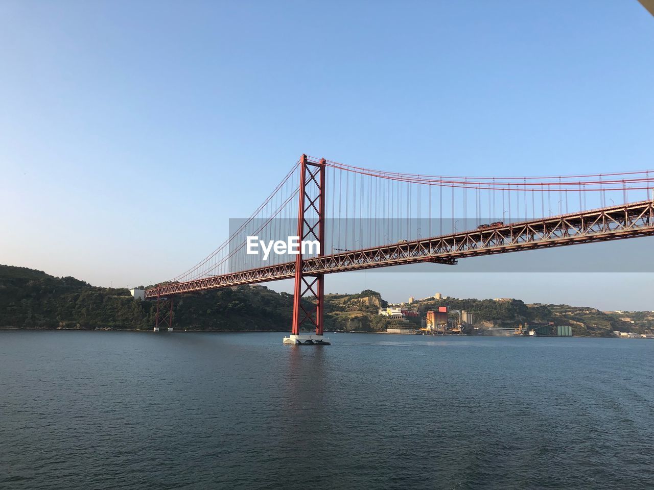 VIEW OF SUSPENSION BRIDGE AGAINST CLEAR SKY