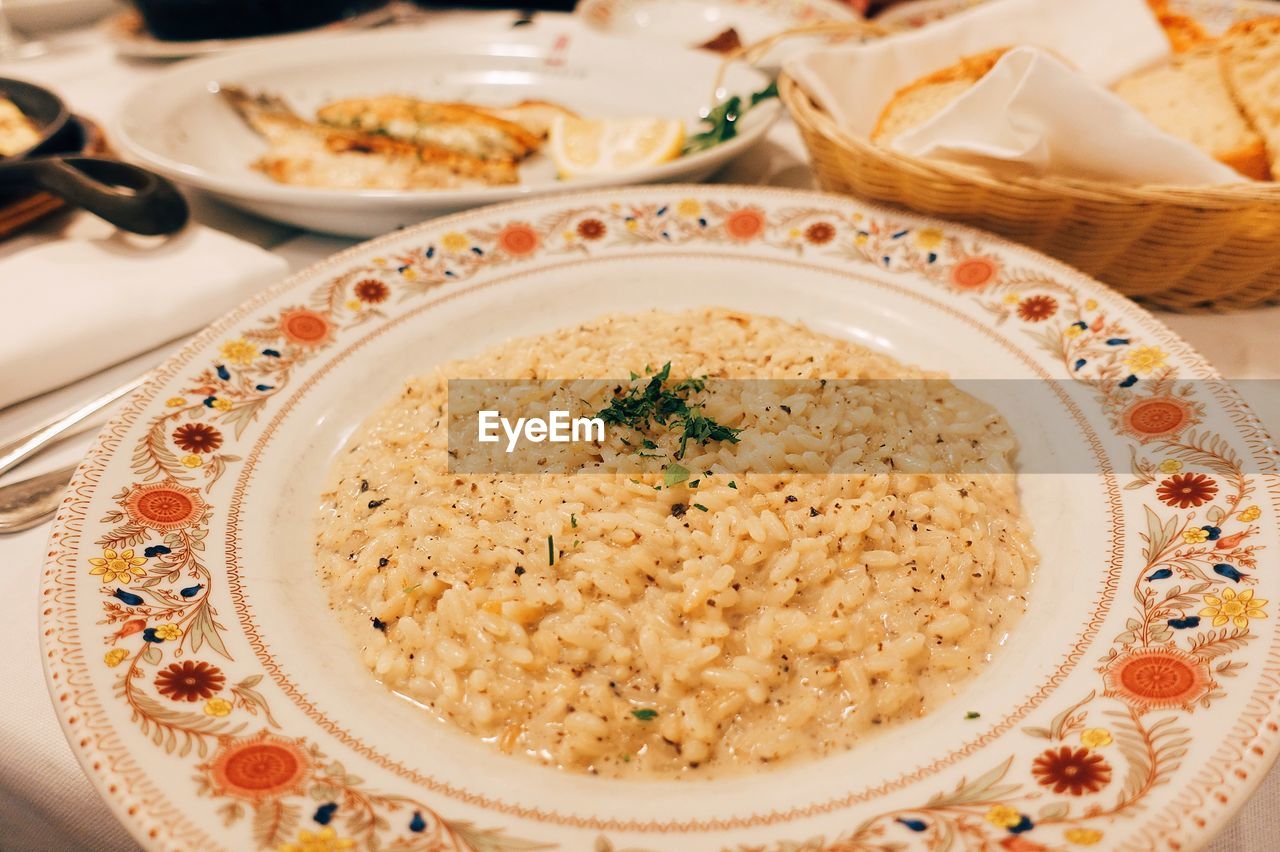 Close-up of food served on table