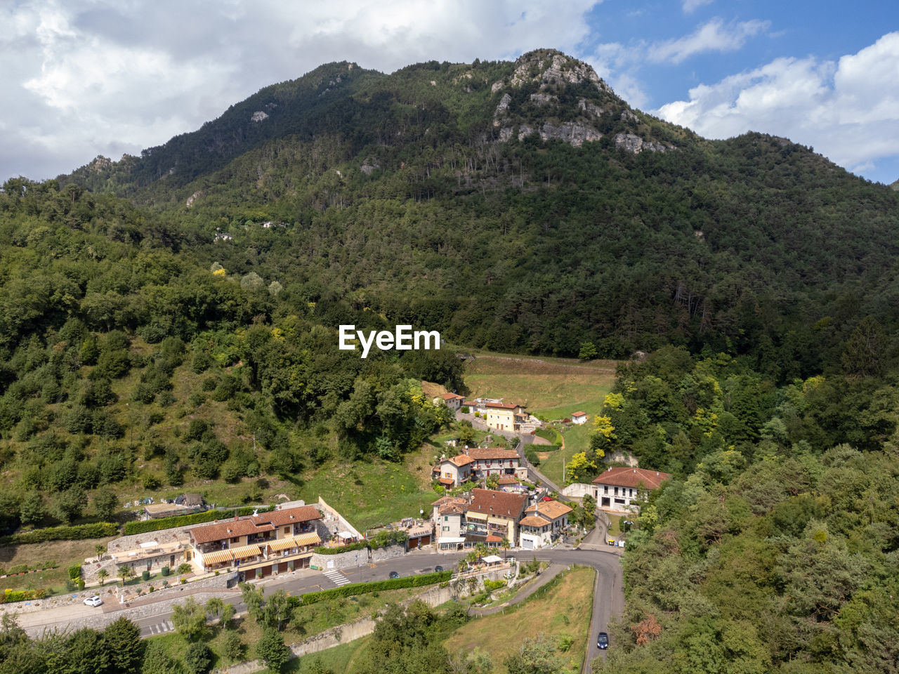 Aerial shot of a small village in northern italy.