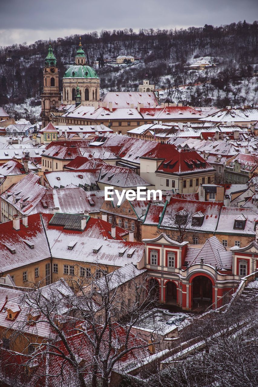 HIGH ANGLE VIEW OF HOUSES AND TREES IN TOWN