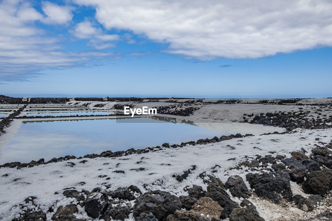 Scenic view of a salt pan against sky