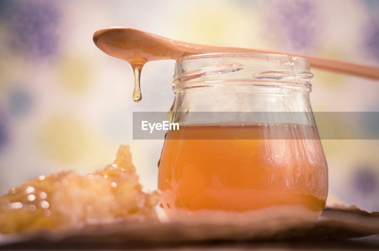 Close-up of honey in jar