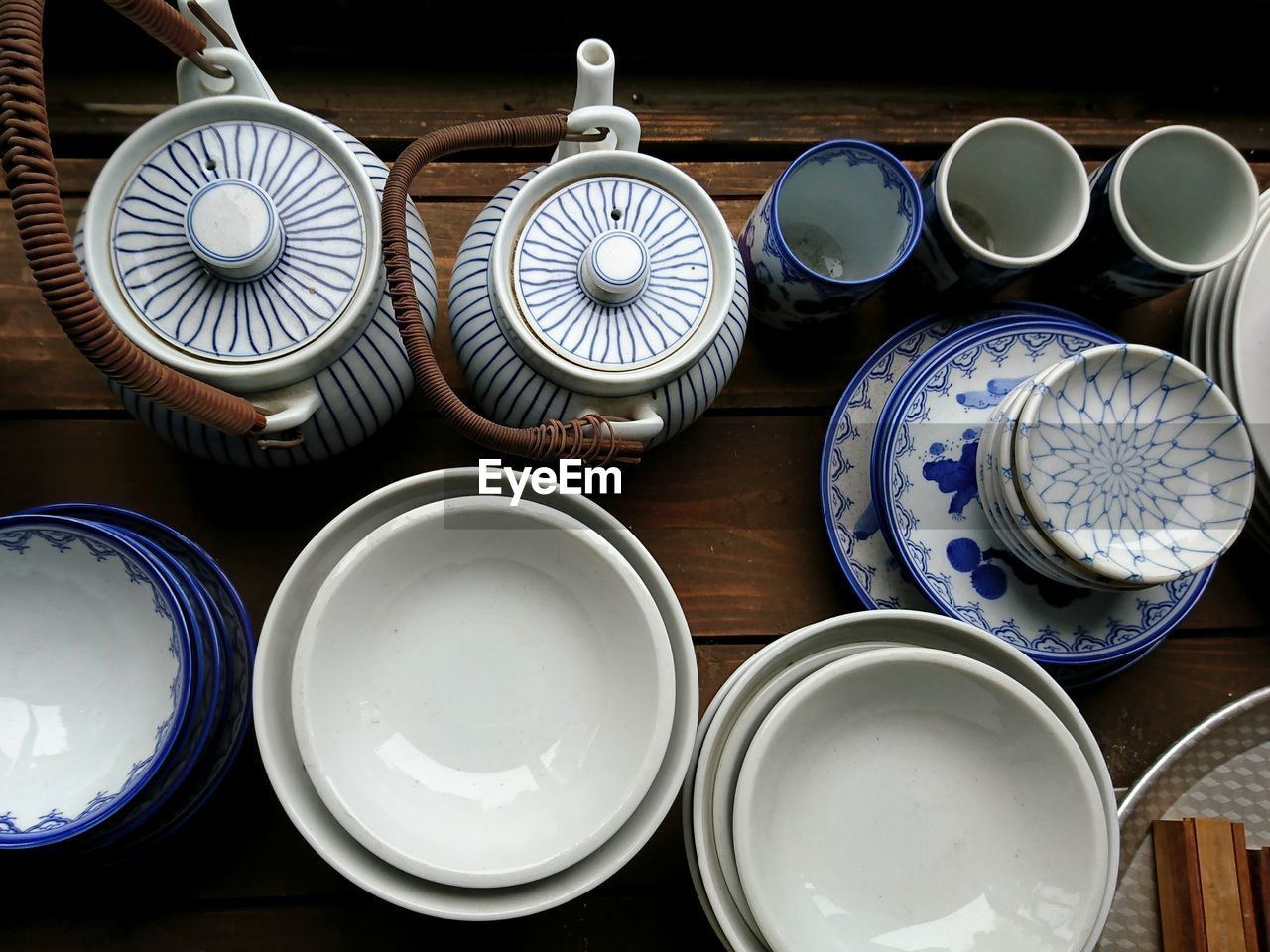 Directly above shot of ceramics crockery on table