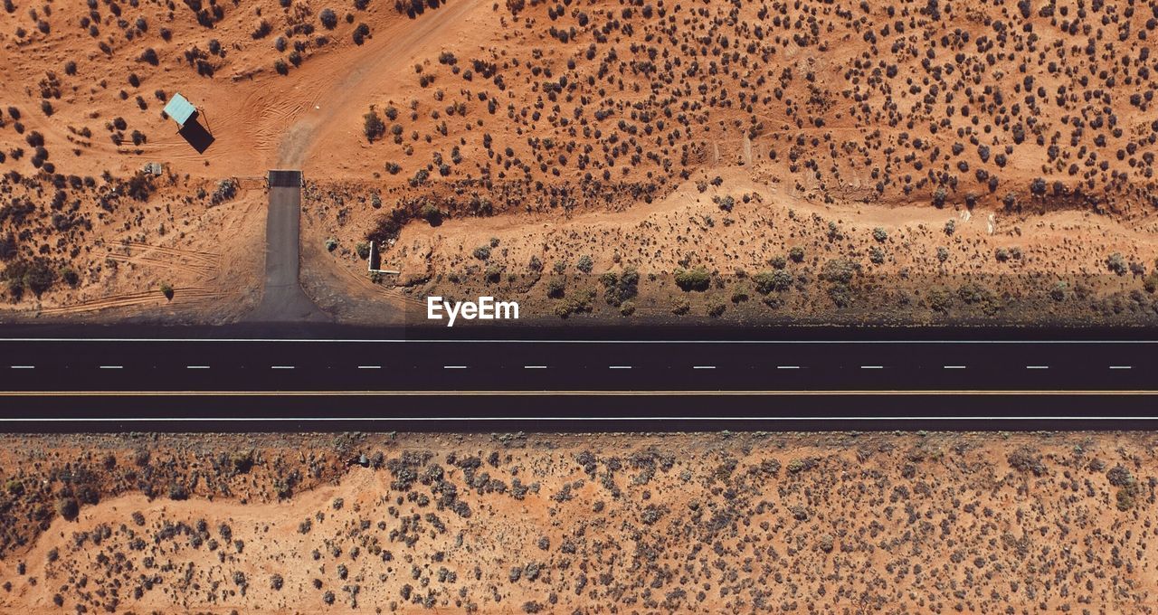 Aerial view of road in desert