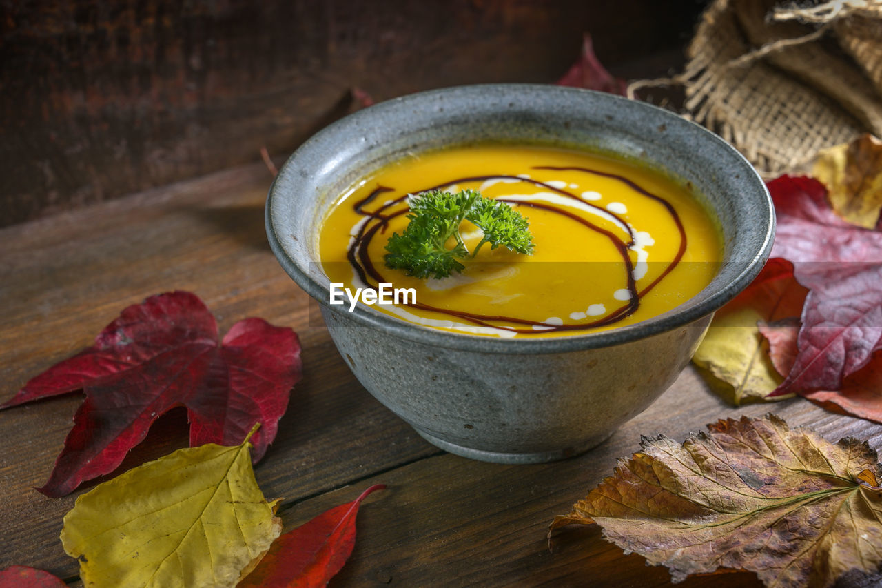 food and drink, food, dish, healthy eating, freshness, wellbeing, bowl, wood, vegetable, leaf, plant part, produce, no people, indoors, spice, herb, rustic, high angle view, cuisine, soup, table, studio shot, autumn, plant, still life, ingredient