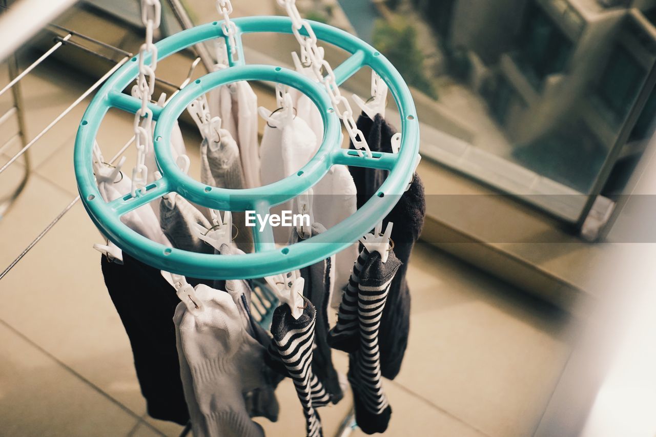 High angle view of socks hanging in balcony