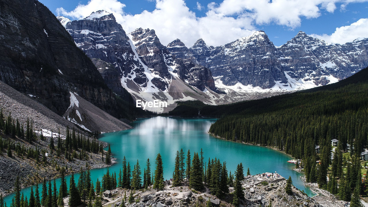 Panoramic view of lake and snowcapped mountains against sky