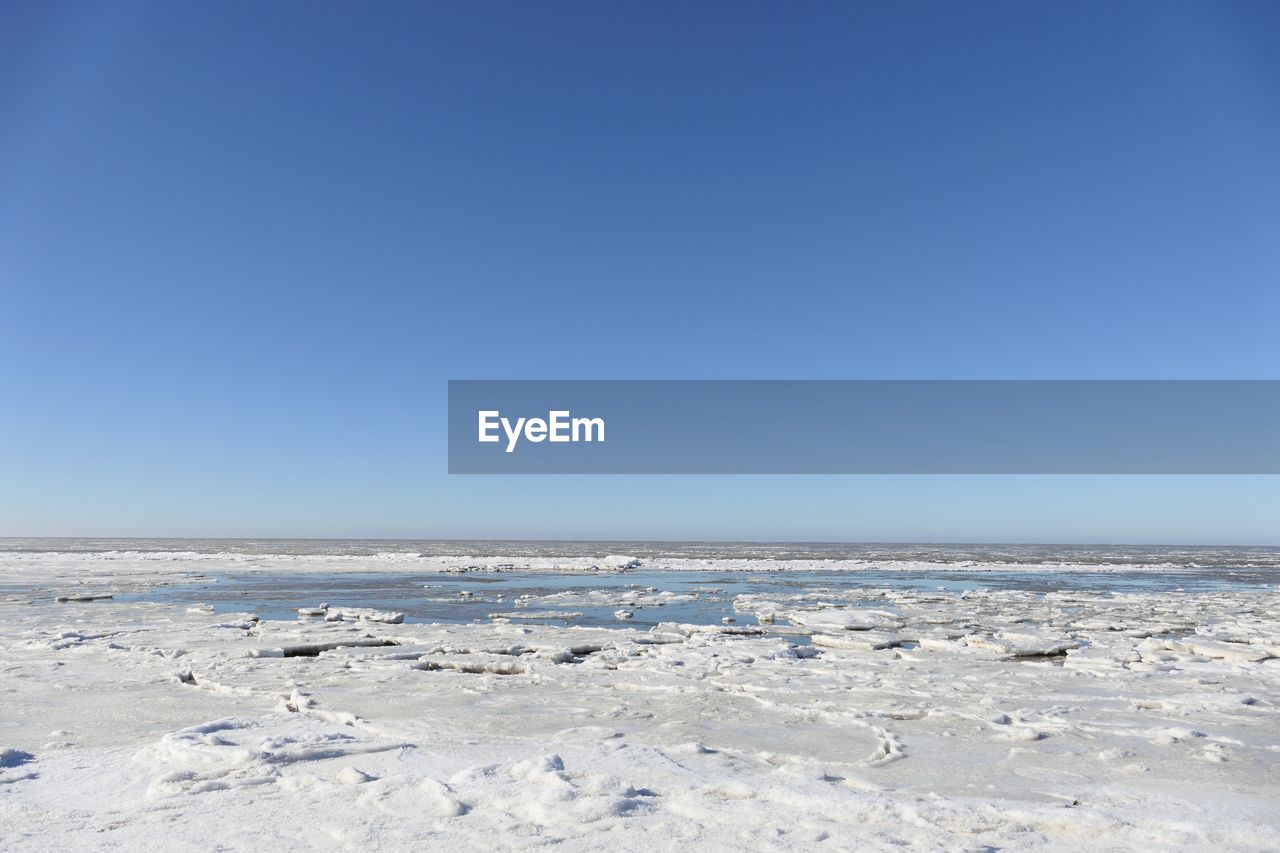 Scenic view of sea against clear blue sky