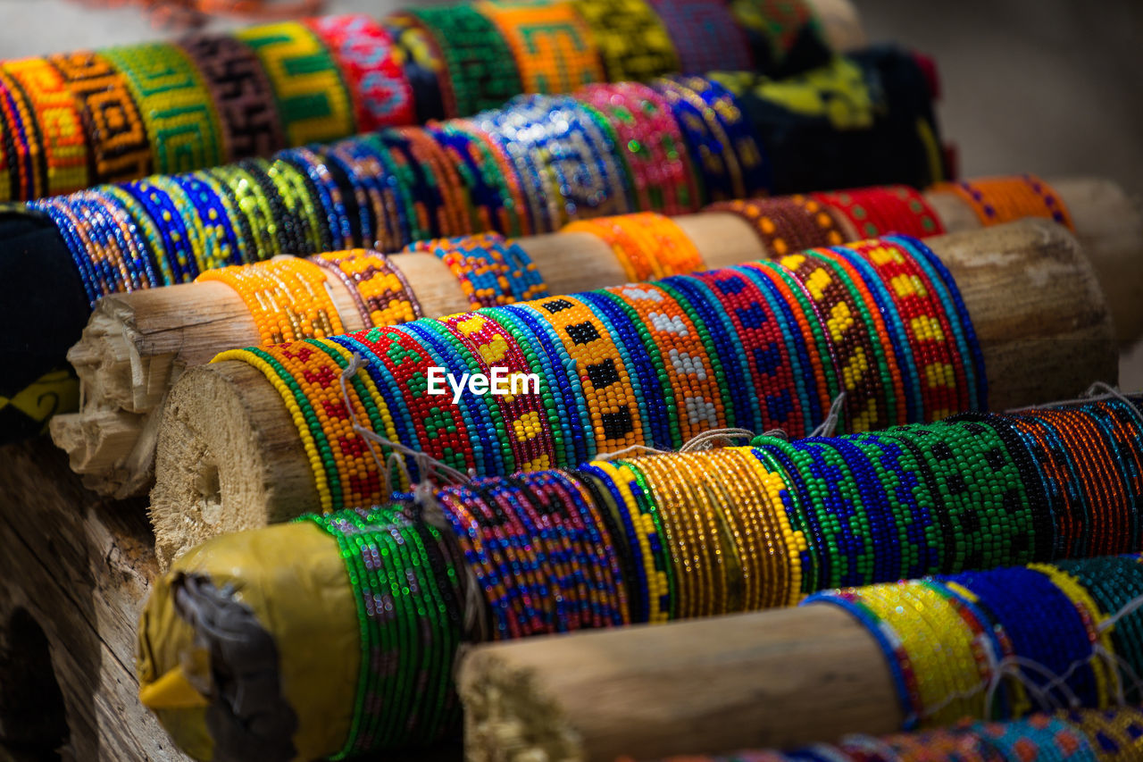 High angle view of bangles for sale at market