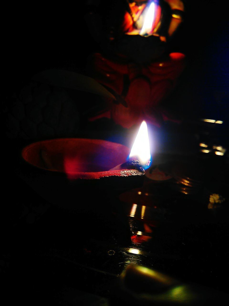 CLOSE-UP OF LIT CANDLES