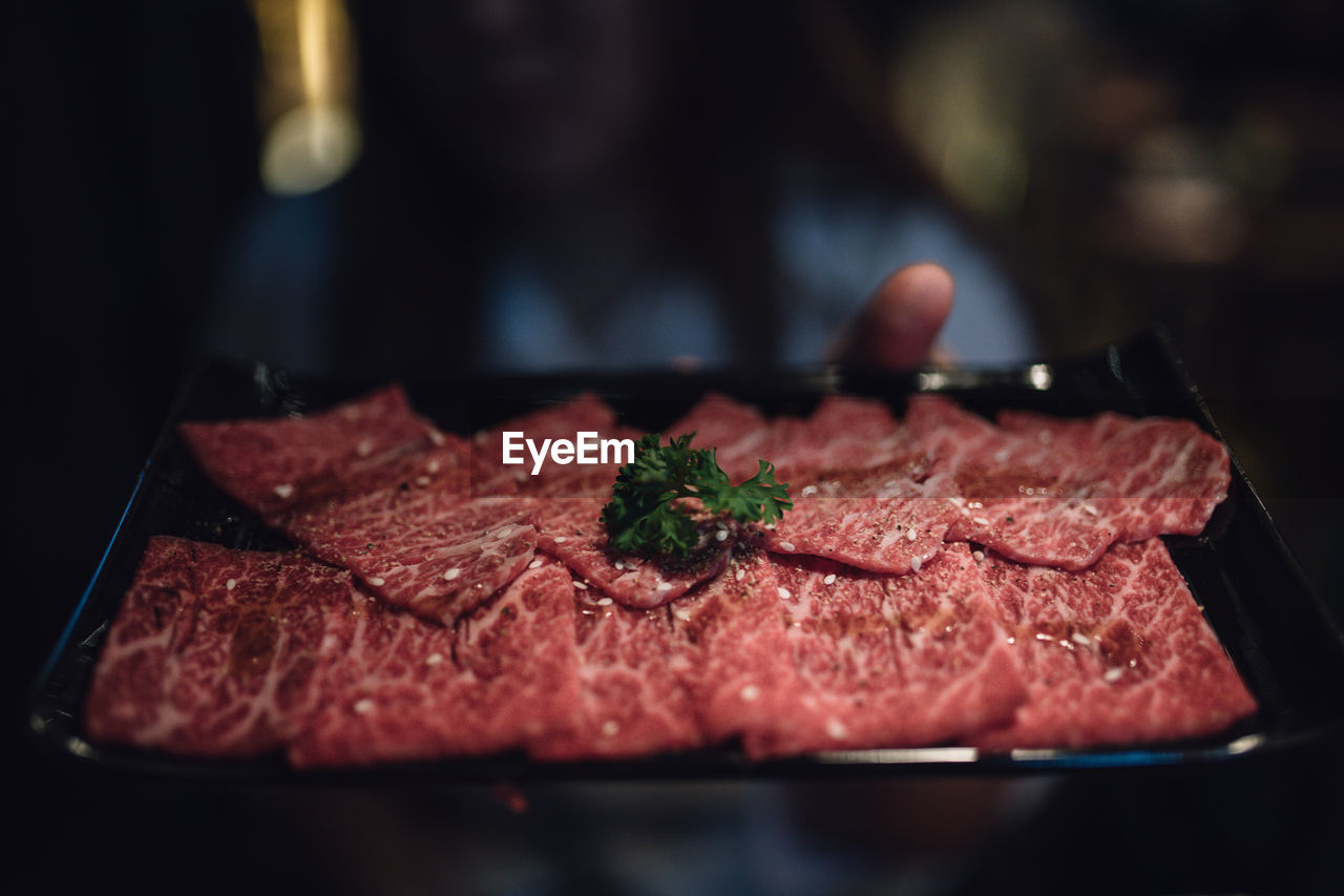 Midsection of woman holding meat in tray