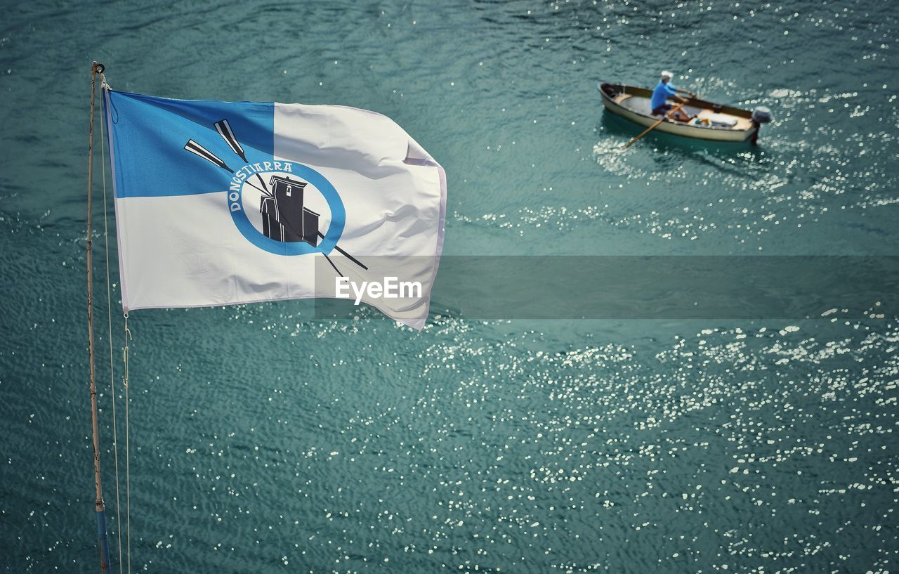 HIGH ANGLE VIEW OF BOAT SAILING ON SEA