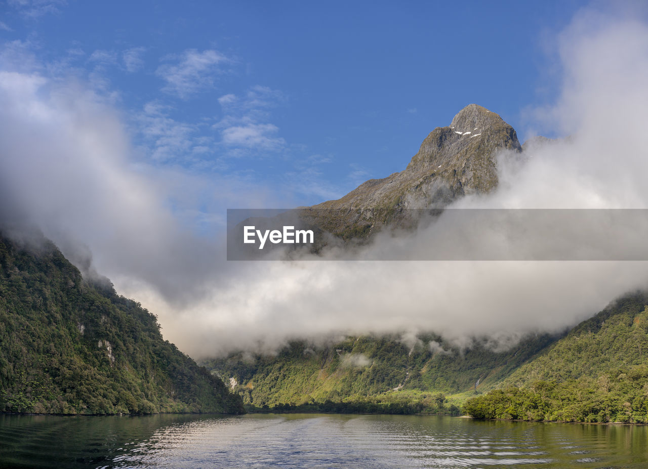 Scenic view of lake and mountains against sky