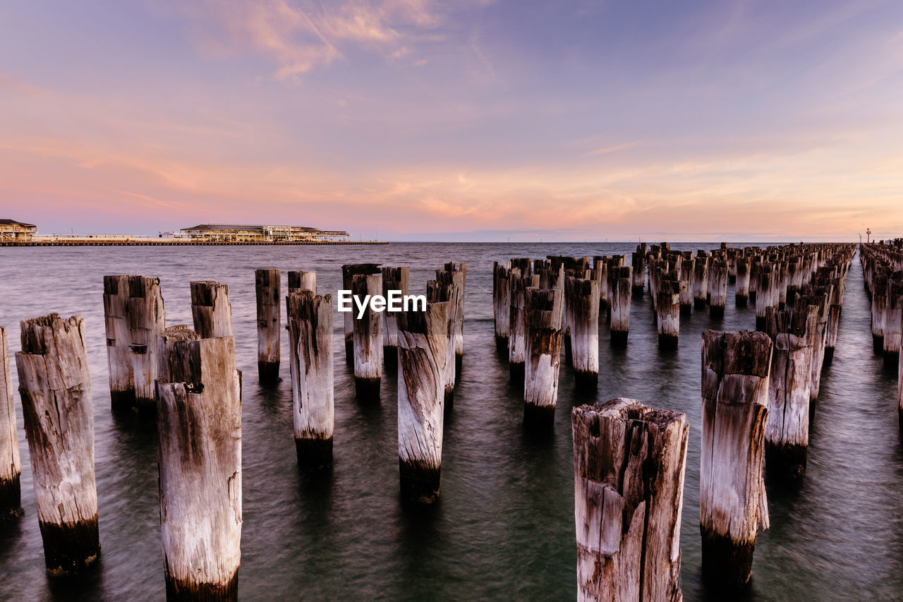 Panoramic view of wooden pier posts in row, princes pier, melbourne