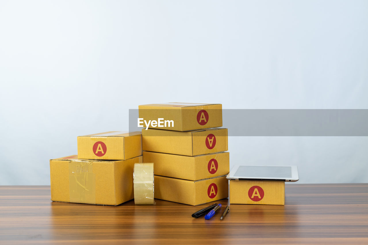 close-up of toy blocks on table against white background