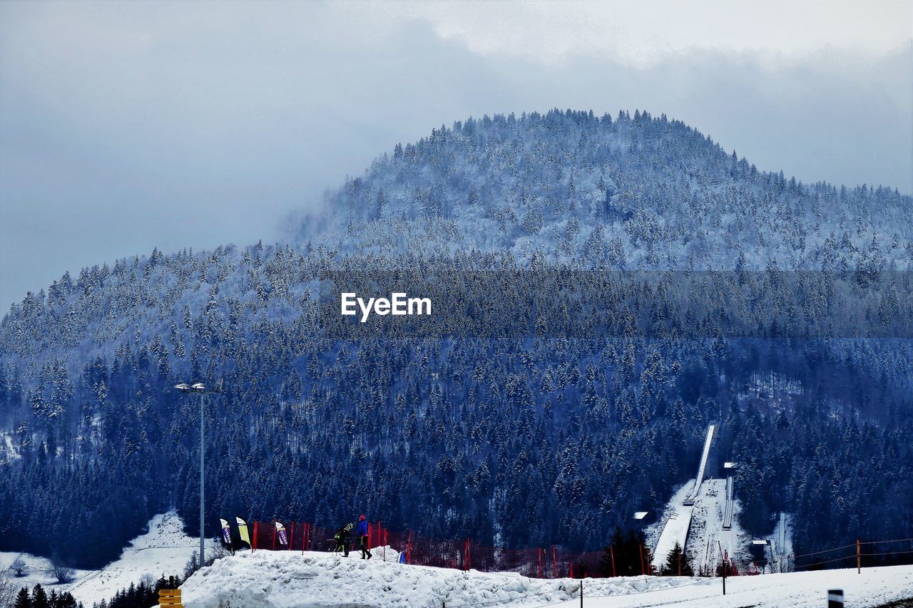 Snow covered land against sky