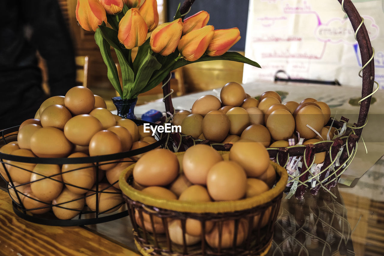 food, freshness, food and drink, basket, egg, healthy eating, container, wellbeing, no people, flower, nature, indoors, plant, large group of objects, fragility, flowering plant, abundance, close-up, still life