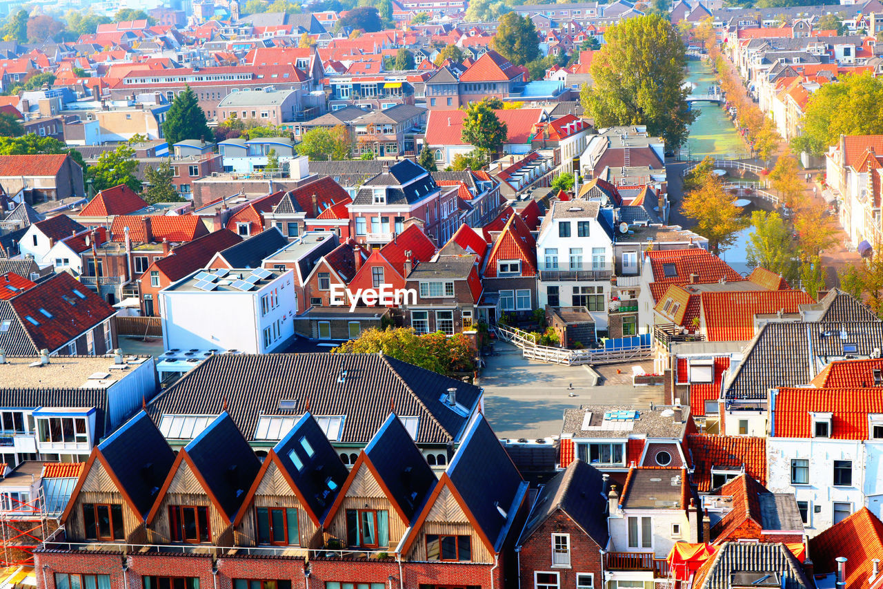 High angle view of buildings in city