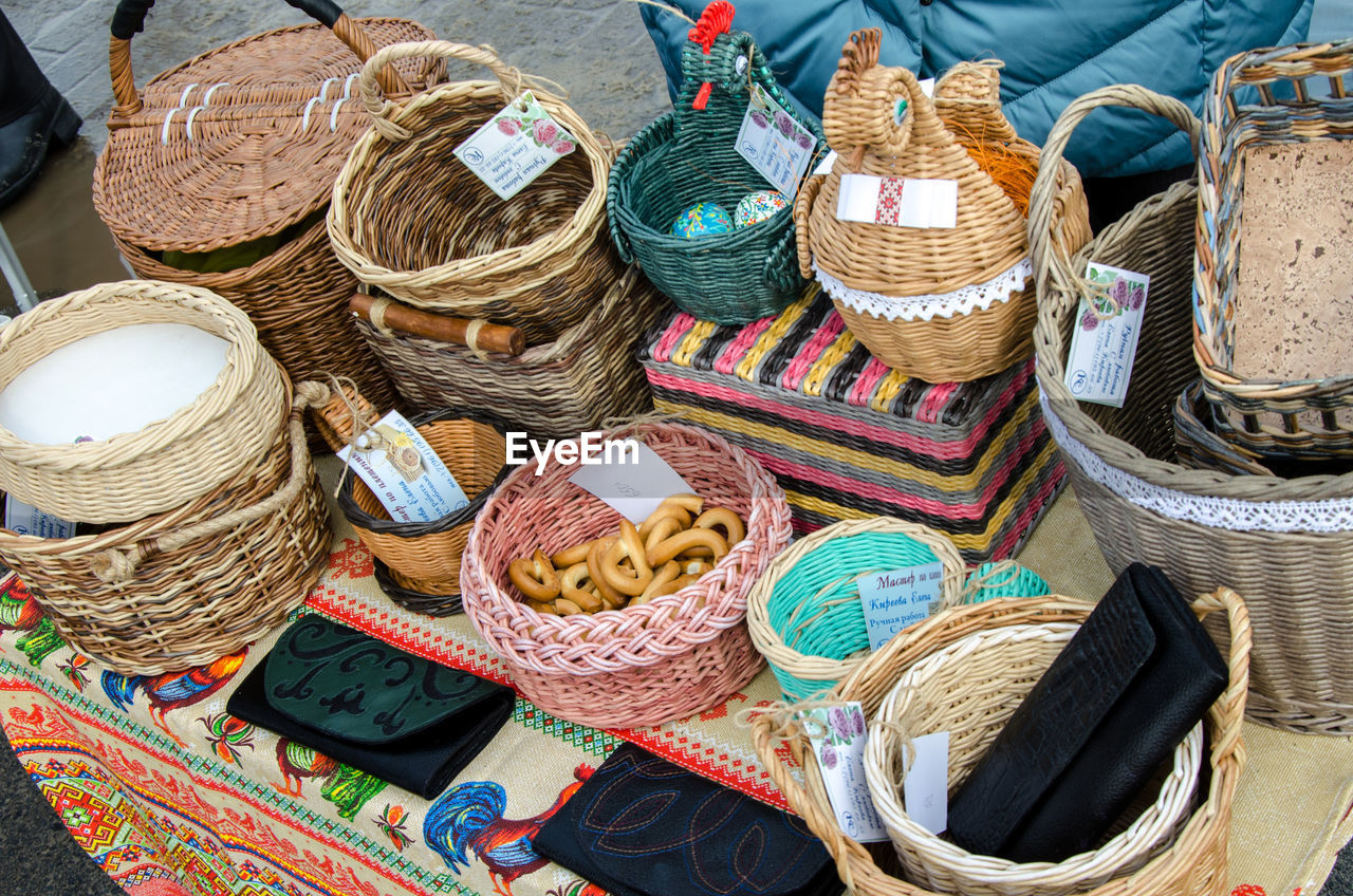 HIGH ANGLE VIEW OF VARIOUS FOR SALE AT MARKET