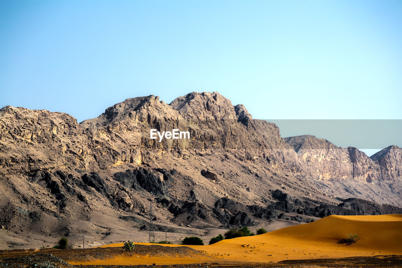 Scenic view of mountains against clear blue sky