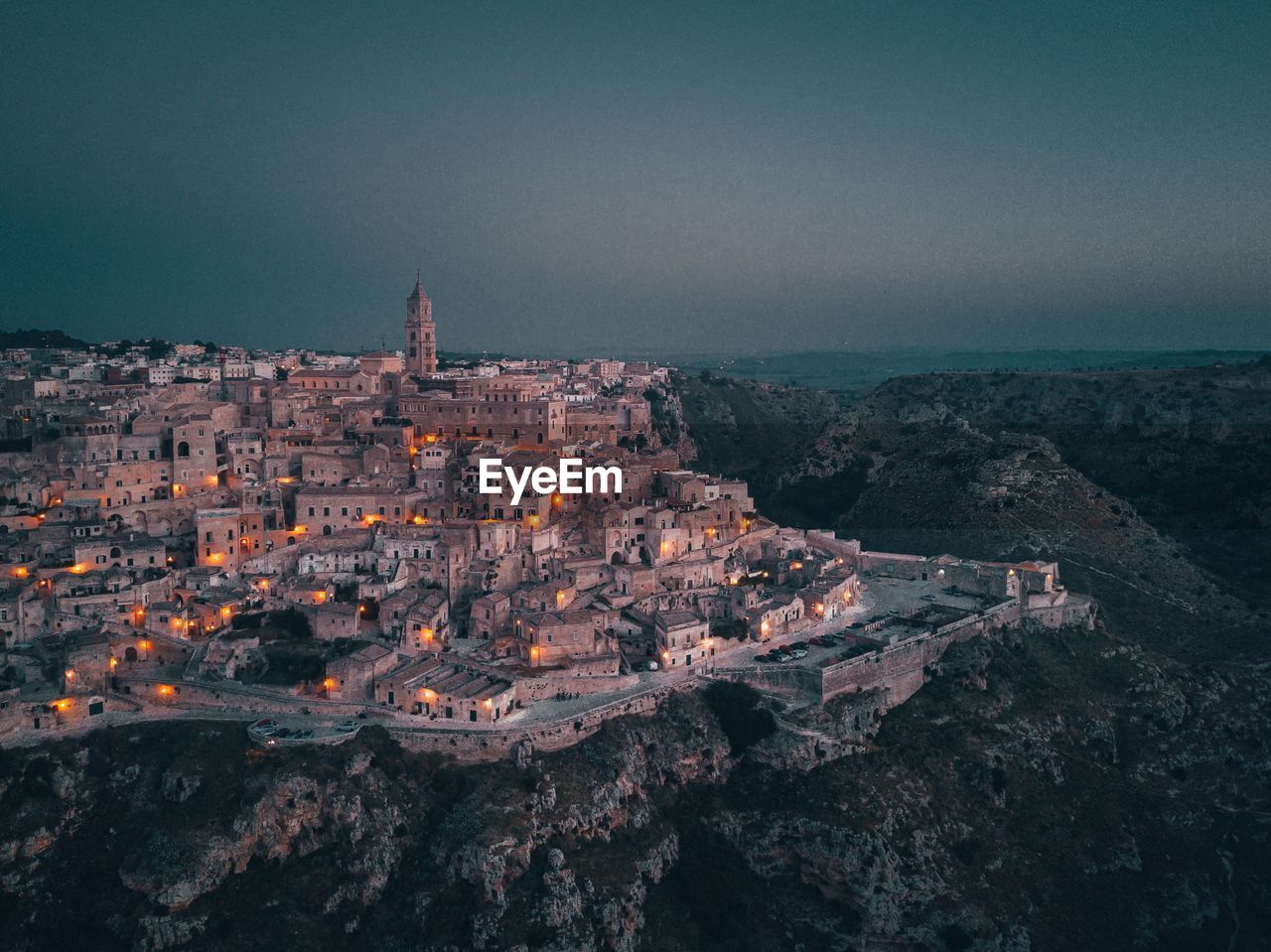 High angle view of townscape against sky at dusk