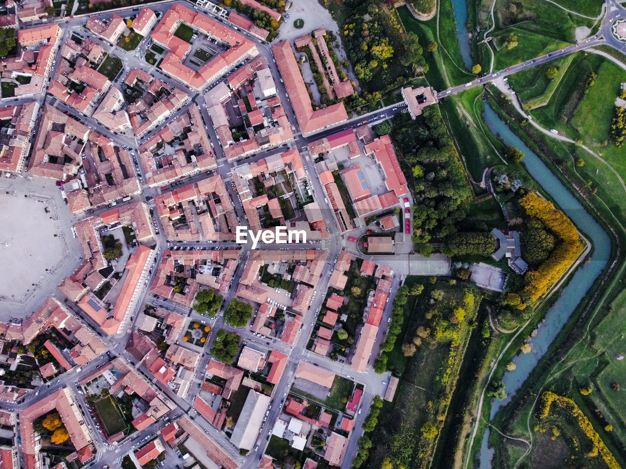 High angle view of buildings in city