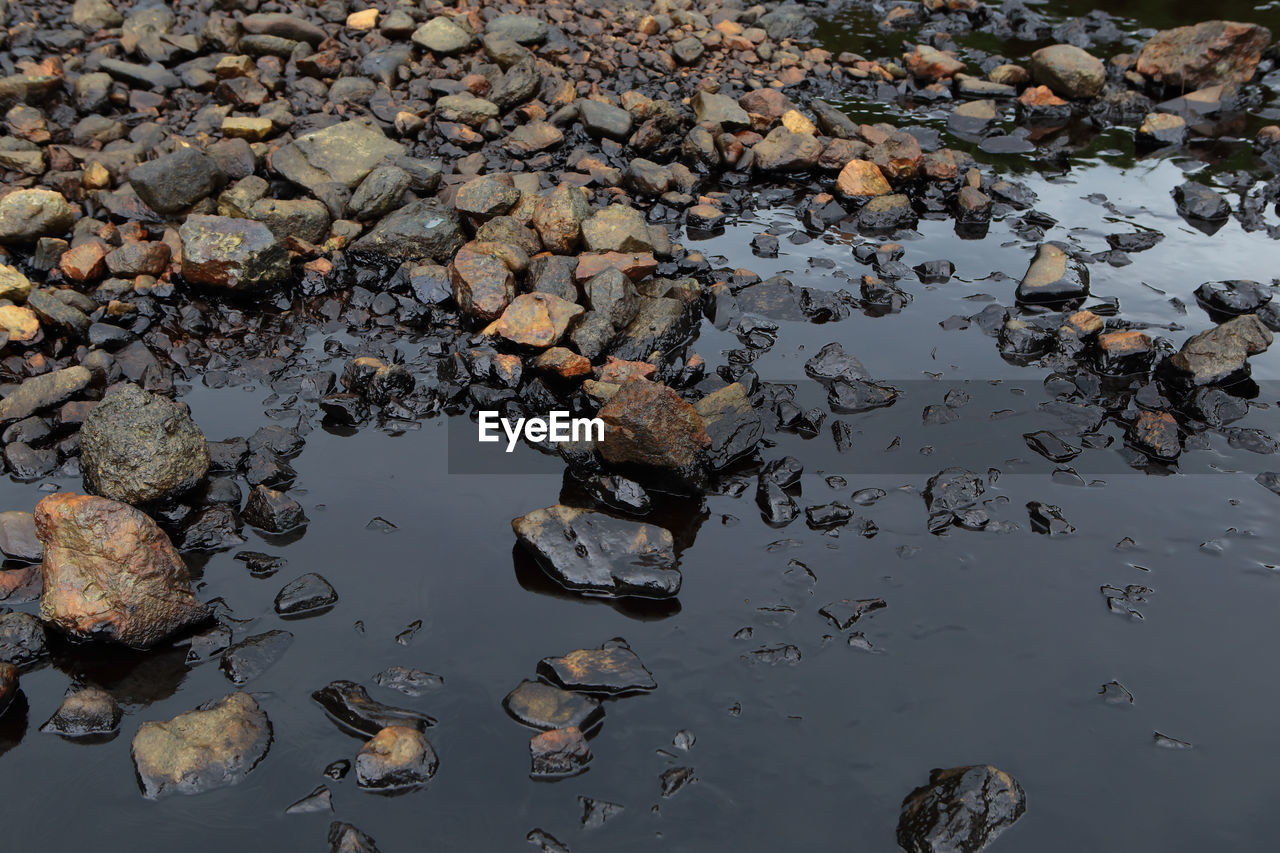 HIGH ANGLE VIEW OF ROCKS IN LAKE