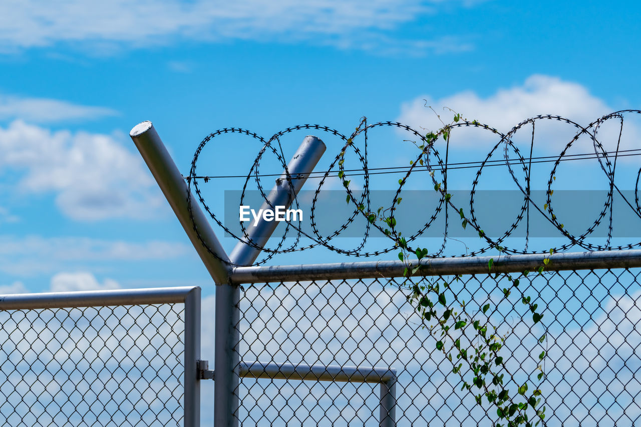 Prison security fence. barbed wire security fence. razor wire jail fence. barrier border. boundary.