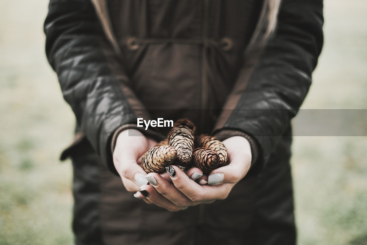 Midsection of woman holding pine cones while standing outdoors